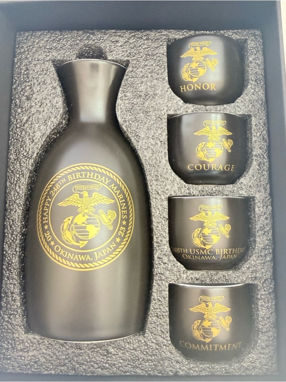 Japan Sake Set USMC 248th Marine Corps Birthday Okinawa Decanter Cups New In Box